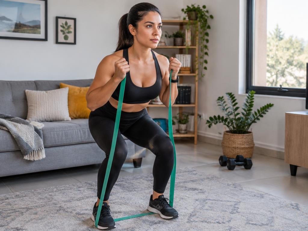 Mujer entrenando con banda en casa