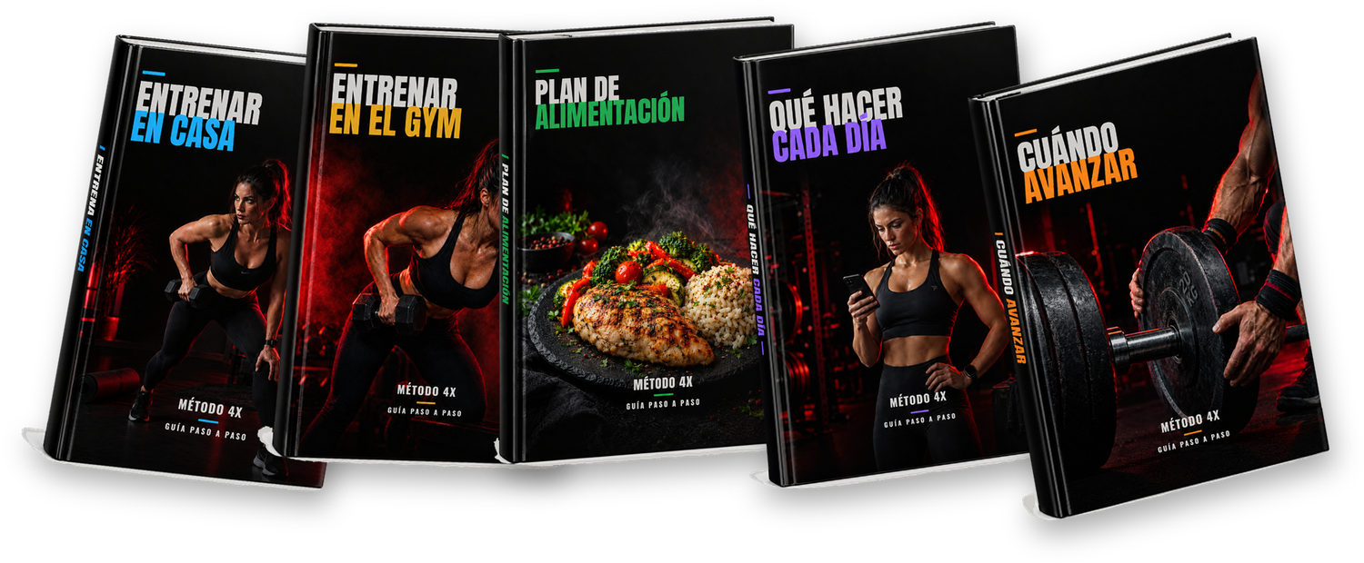 Los 5 cuadernillos del Método 4X: entrenar en casa, entrenar en el gym, plan de alimentación, qué hacer cada día y cuándo avanzar