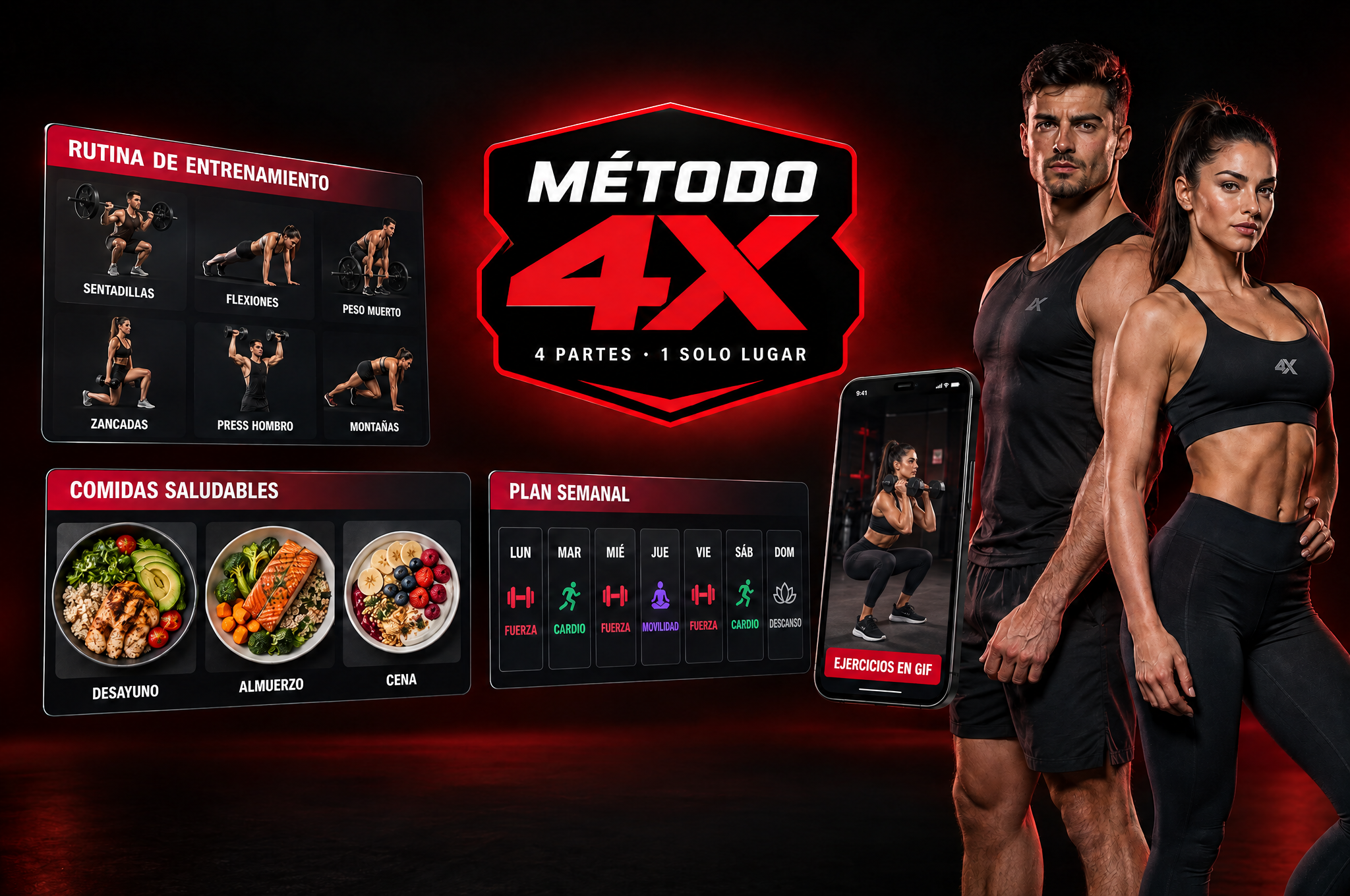 Método 4X: sistema completo con fichas de entrenamiento, plan de alimentación, planificador semanal y app